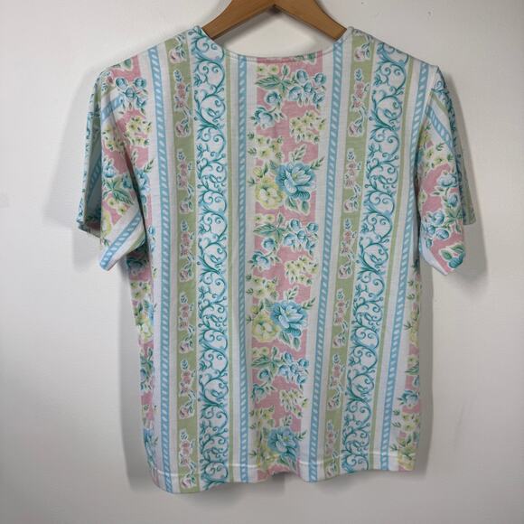 Vintage Top Women L Blue Pink Floral Tshirt Cottage Pastel Spring Cotton Blend - Picture 2 of 5